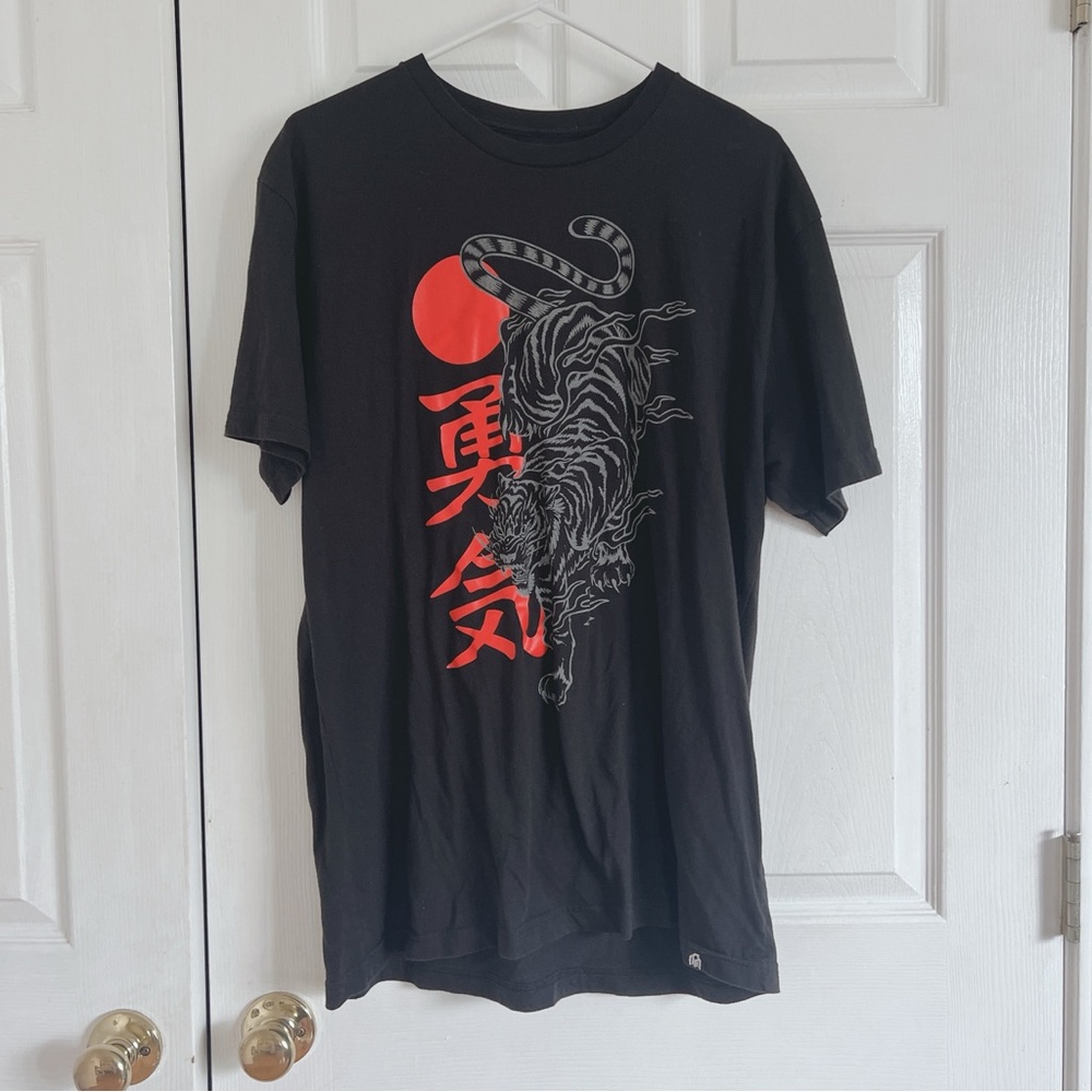 Asian Theme Black Graphic T-Shirt with Red Accents